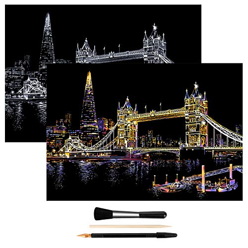 H HOMEWINS Kratzbilder für Erwachsene Kratzpapier Set Nachtansicht der Stadt 405 x 285 mm Wandbilder Kratzkunst Set mit Werkzeug (Tower Bridge) von H HOMEWINS