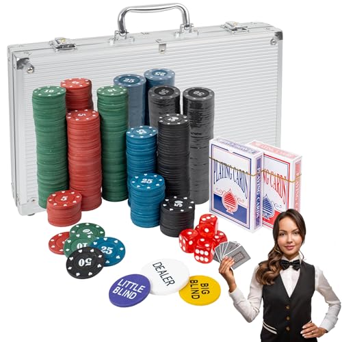 H&F Heimtextilien Poker Set – 500 Chips für Kartenspiele, 2 Kartendecks, Würfel, Dealer-Button, Aluminium-Koffer – Umfangreiches Poker Spielset für Einsteiger und Fortgeschrittene von H&F Heimtextilien