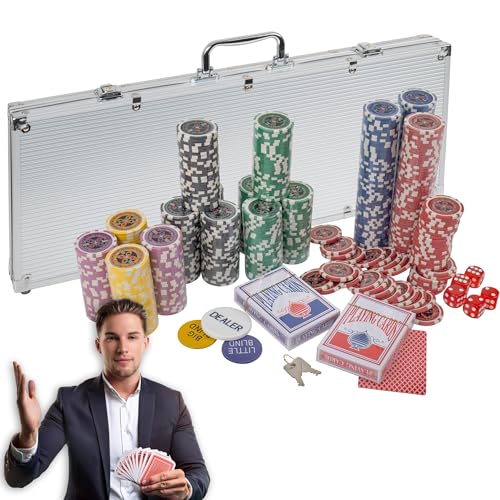 H&F Heimtextilien Poker Set Premium – 300 Hochwertige, Schwere Chips, 2 Kartendecks, Würfel, Dealer-Button, Aluminium-Koffer – Professionelles Poker Spielset von H&F Heimtextilien