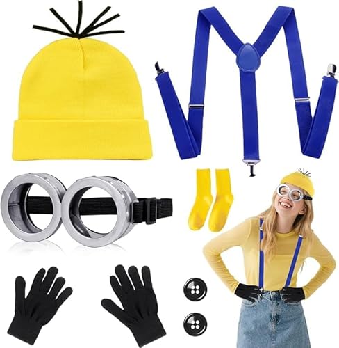 HA BIN Gelbes Kostüm Set für Cosplay, Halloween Kostüme für Erwachsene Kinder, Karneval Kostüm, Punkbrille, gelber Hut, Socken, Handschuhe, Rock, Knöpfe, Schultergurte, Karneval Film Kostüm Zubehör von HA BIN