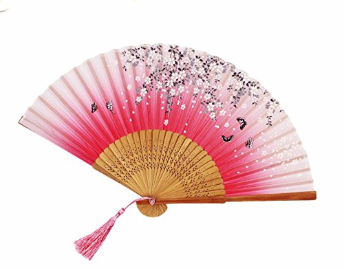 HAAC Bambusfächer Fächer Farbe Pink mit Schmetterling und Kirschblüte Blüte 36 cm x 20 cm Feste Fasching Karneval von HAAC