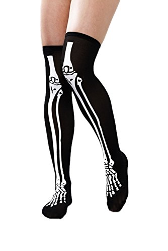 HAAC Nylon halterlose Strümpfe schwarz mit weißem Skelettdruck Skelett für Halloween Fasching Karneval Party von HAAC