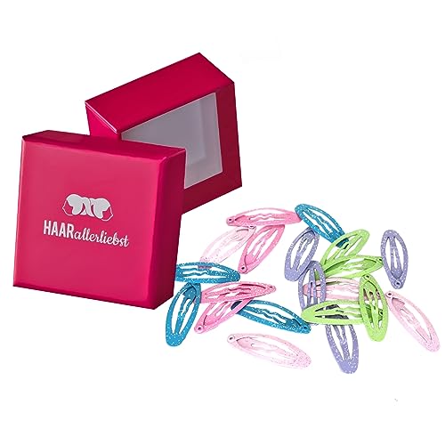 HAARallerliebst Haarspangen mit Glitzer (20 Stück | bunt | 3,7 cm) inkl. Schachtel zur Aufbewahrung (Schachtelfarbe: pink) von HAARallerliebst