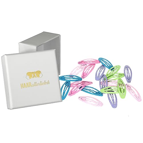 HAARallerliebst Haarspangen mit Glitzer (20 Stück | bunt | 3,7 cm) inkl. Schachtel zur Aufbewahrung (Schachtelfarbe: Weiss) von HAARallerliebst