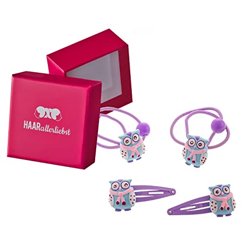 HAARallerliebst Haarschmuck Set (4 teilig | handbemalte Winter Eulen | lila) für Mädchen inkl. Schachtel zur Aufbewahrung (Schachtelfarbe: pink) von HAARallerliebst