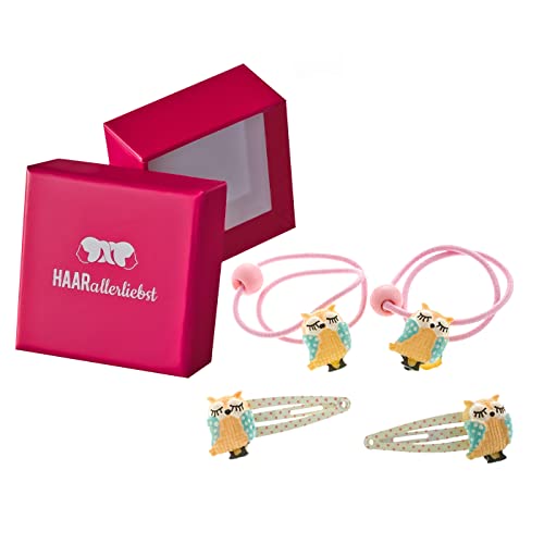 HAARallerliebst Haarschmuck Set (4 teilig | handbemalte Eulen | bunt) für Mädchen inkl. Schachtel zur Aufbewahrung (Schachtelfarbe: pink) von HAARallerliebst