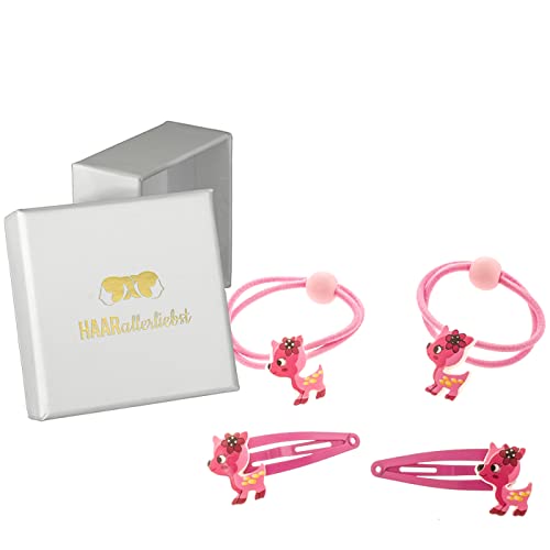 HAARallerliebst Haarschmuck Set (4 teilig | Bambie Rehkids | pink) für Mädchen inkl. Schachtel zur Aufbewahrung (Schachtelfarbe: Weiss) von HAARallerliebst