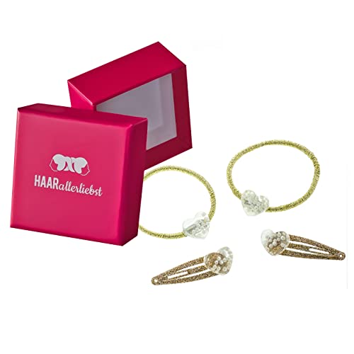 HAARallerliebst Haarschmuck Set (4 teilig | Herzen mit Perlen | Gold Glitzer) für Mädchen inkl. Schachtel zur Aufbewahrung (Schachtelfarbe: pink) von HAARallerliebst