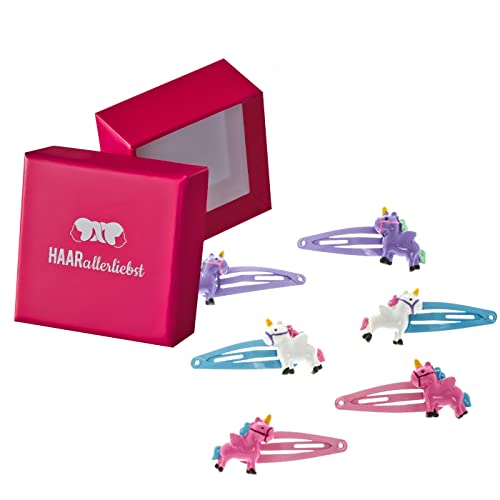 HAARallerliebst Haarspangen Set (6 teilig | Einhörner | bunt) für Mädchen inkl. Schachtel zur Aufbewahrung (Schachtelfarbe: pink) von HAARallerliebst