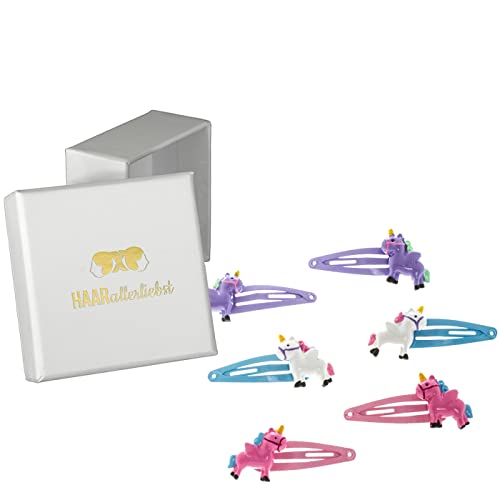 HAARallerliebst Haarspangen Set (6 teilig | Einhörner | bunt) für Mädchen inkl. Schachtel zur Aufbewahrung (Schachtelfarbe: Weiss) von HAARallerliebst