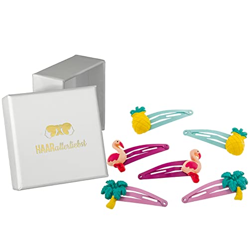 HAARallerliebst Haarspangen Set (6 Stück | Ananas, Flamingo und Palme | bunt) für Mädchen inkl. Schachtel zur Aufbewahrung (Schachtelfarbe: Weiss) von HAARallerliebst