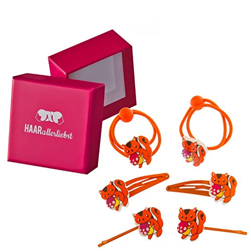 HAARallerliebst 6 Haarspangen Haargummis Haarklammern mit orangenen Eichhörnchen für Kinder in Pinker Box von HAARallerliebst