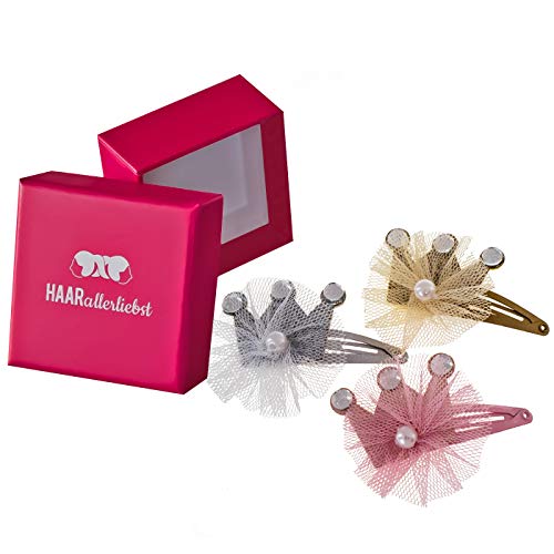 HAARallerliebst 3 Haarspangen mit Kronen und Tüll (ca.5cm | Rosa Gold Silber | 3 Stück) inkl. Schachtel zur Aufbewahrung (Schachtelfarbe: pink) von HAARallerliebst