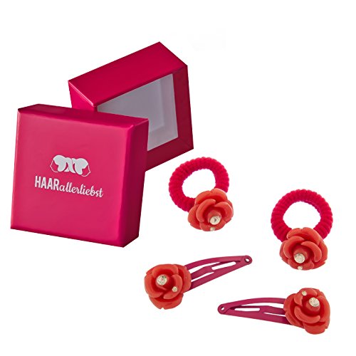 HAARallerliebst 4 Haarspangen Haargummis Haaraccessoires mit roten Rosen mit Strassstein in Pinker Box von HAARallerliebst