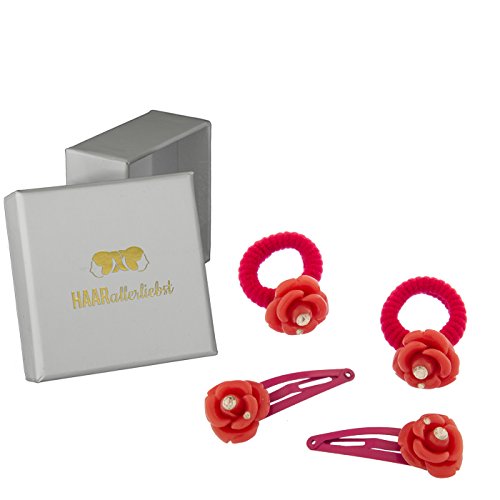 HAARallerliebst 4 Haarspangen Haargummis Haaraccessoires mit roten Rosen mit Strassstein in weissen Box von HAARallerliebst