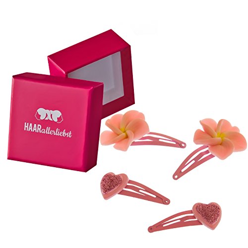 HAARallerliebst Haarspangen Set (4 Stück | Grosse Blume und Glitzer Herz | pink rosa) für Mädchen inkl. Schachtel zur Aufbewahrung (Schachtelfarbe: pink) von HAARallerliebst