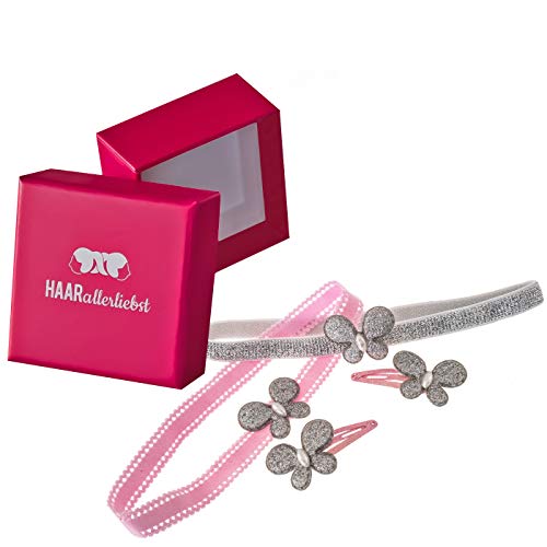 HAARallerliebst 4 teiliges Haarspangen und Stirnband Set mit glitzernden Schmetterlingen (3,5cm | rosa Silber | 4 Stück) inkl. Pinker Schachtel zur Aufbewahrung (Schachtelfarbe: pink) von HAARallerliebst