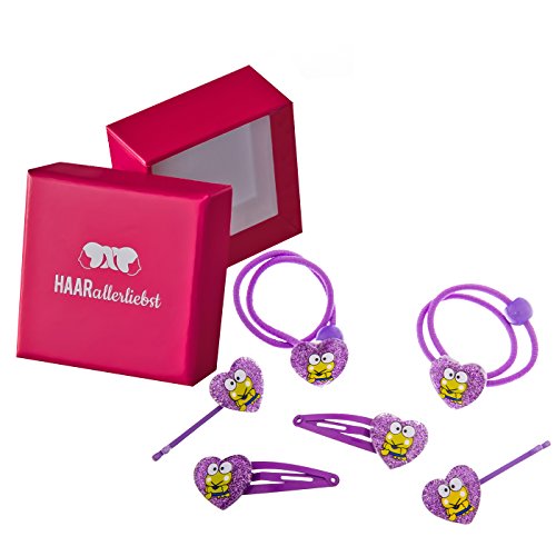 HAARallerliebst 6 Haarspangen Haargummis Haarklammern Set mit glitzernden Herzen mit Fröschen für Mädchen Kinder in Pinker Box von HAARallerliebst