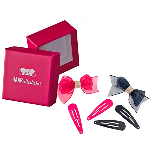 HAARallerliebst 6 teiliges Haarspangen und Haargummi Set mit Schleifen (6 teilig | pink blau | 5,5cm) inkl. Schachtel zur Aufbewahrung (Schachtelfarbe: pink) von HAARallerliebst