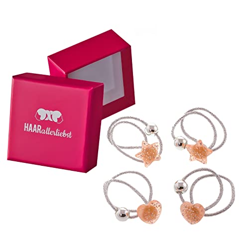 HAARallerliebst Haargummi Set (4 teilig | Herzen und Sterne Glitzer | silber) für Mädchen inkl. Schachtel zur Aufbewahrung (Schachtelfarbe: pink) von HAARallerliebst