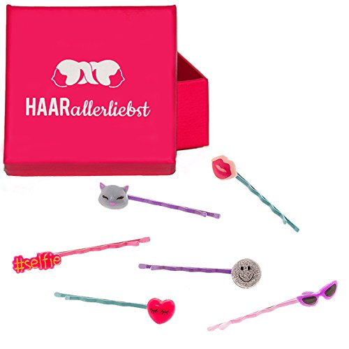HAARallerliebst Haarklammern Bobby Pins Set (6 teilig | Herz Selfie und Co | bunt) für Mädchen inkl. Schachtel zur Aufbewahrung (Schachtelfarbe: pink) von HAARallerliebst