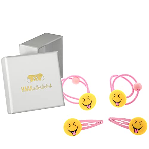HAARallerliebst Haarschmuck Set (4 teilig | Emojis mit Zunge | rosa gelb) für Mädchen inkl. Schachtel zur Aufbewahrung (Schachtelfarbe: Weiss) von HAARallerliebst