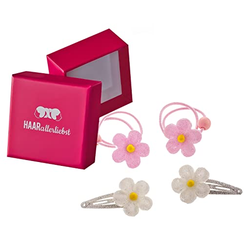 HAARallerliebst Haarschmuck Set (4 teilig | Grosse Blumen | Glitzer rosa Weiss) für Mädchen inkl. Schachtel zur Aufbewahrung (Schachtelfarbe: pink) von HAARallerliebst