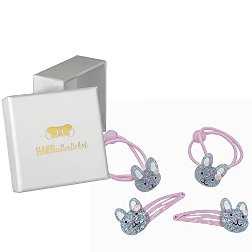 HAARallerliebst Haarschmuck Set (4 teilig | glitzernde Hasen | rosa) für Mädchen inkl. Schachtel zur Aufbewahrung (Schachtelfarbe: Weiss) von HAARallerliebst