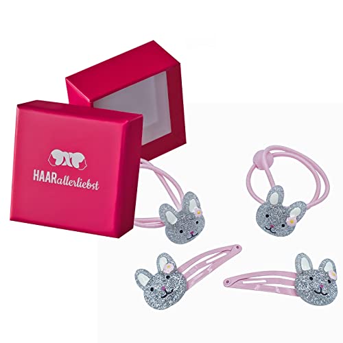 HAARallerliebst Haarschmuck Set (4 teilig | glitzernde Hasen | rosa) für Mädchen inkl. Schachtel zur Aufbewahrung (Schachtelfarbe: pink) von HAARallerliebst