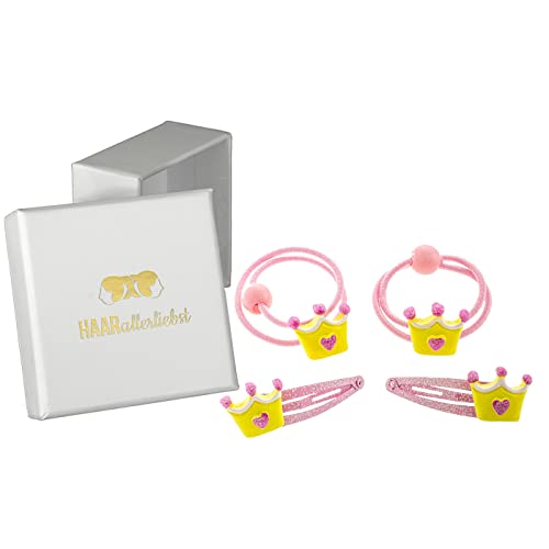 HAARallerliebst Haarschmuck Set (4 teilig | handbemalte Kronen | rosa gelb) für Mädchen inkl. Schachtel zur Aufbewahrung (Schachtelfarbe: Weiss) von HAARallerliebst
