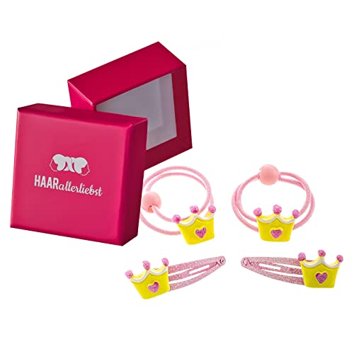 HAARallerliebst Haarschmuck Set (4 teilig | handbemalte Kronen | rosa gelb) für Mädchen inkl. Schachtel zur Aufbewahrung (Schachtelfarbe: pink) von HAARallerliebst