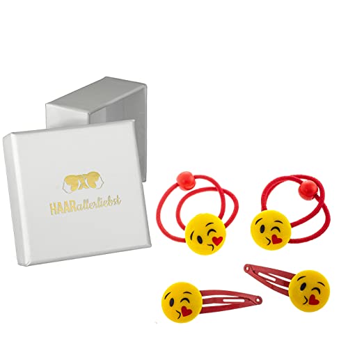 HAARallerliebst Haarschmuck Set (4 teilig | küssende Emojis | rot gelb) für Mädchen inkl. Schachtel zur Aufbewahrung (Schachtelfarbe: Weiss) von HAARallerliebst