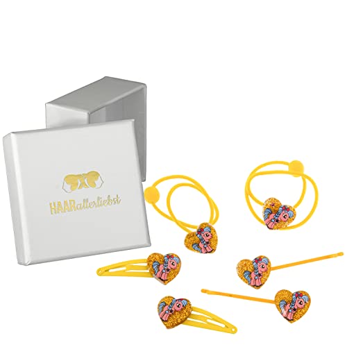 HAARallerliebst Haarschmuck Set (6 Stück | Glitzernde Herzen mit Einhorn | gelb) für Mädchen inkl. Schachtel zur Aufbewahrung (Schachtelfarbe: Weiss) von HAARallerliebst