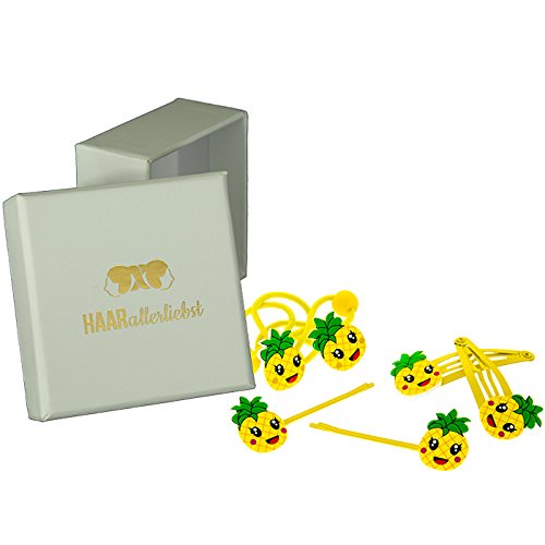 HAARallerliebst Haarschmuck Set (6 teilig | Ananas) für Kinder inkl. Schachtel zur Aufbewahrung (Schachtelfarbe: Weiss) von HAARallerliebst