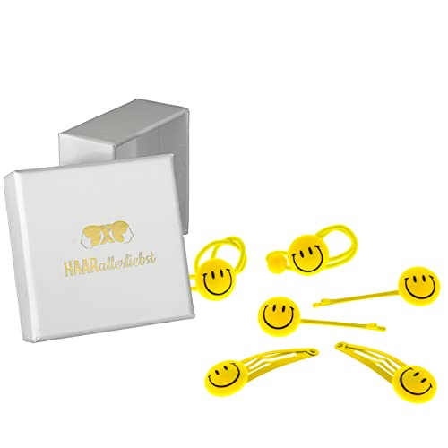 HAARallerliebst Haarschmuck Set (6 teilig | Happy Emojis) für Kinder inkl. Schachtel zur Aufbewahrung … (Schachtelfarbe: Weiss) von HAARallerliebst