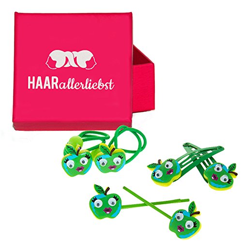 HAARallerliebst Haarschmuck Set (6 teilig | grüne Äpfel mit Kulleraugen |) für Kinder inkl. Schachtel zur Aufbewahrung (Schachtelfarbe: pink) von HAARallerliebst