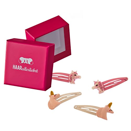 HAARallerliebst Haarspangen Set (4 Stück | glitzernde Einhörner Köpfe | pink rosa) für Mädchen inkl. Schachtel zur Aufbewahrung (Schachtelfarbe: pink) von HAARallerliebst