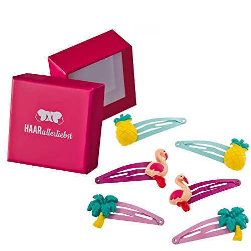 HAARallerliebst Haarspangen Set (6 Stück | Ananas, Flamingo und Palme | bunt) für Mädchen inkl. Schachtel zur Aufbewahrung (Schachtelfarbe: pink) von HAARallerliebst