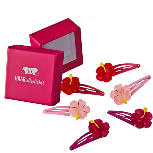 HAARallerliebst Haarspangen Set (6 Stück | Orchideen Blumen | rosa rot) für Mädchen inkl. Schachtel zur Aufbewahrung (Schachtelfarbe: pink) von HAARallerliebst