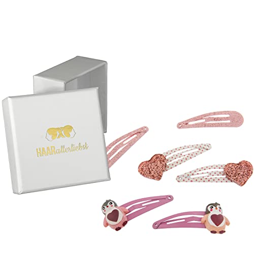 HAARallerliebst Haarspangen Set (6 Stück | Pinguin und Herz | rosa lila) für Mädchen inkl. Schachtel zur Aufbewahrung (Schachtelfarbe: Weiss) von HAARallerliebst