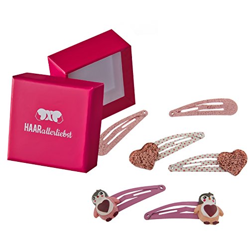 HAARallerliebst Haarspangen Set (6 Stück | Pinguin und Herz | rosa lila) für Mädchen inkl. Schachtel zur Aufbewahrung (Schachtelfarbe: pink) von HAARallerliebst