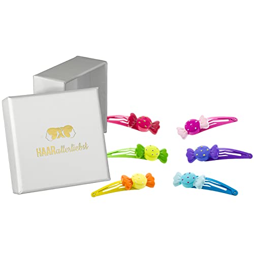 HAARallerliebst Haarspangen Set (6 teilig | handbemalte Bonbons | bunt) für Mädchen inkl. Schachtel zur Aufbewahrung (Schachtelfarbe: Weiss) von HAARallerliebst