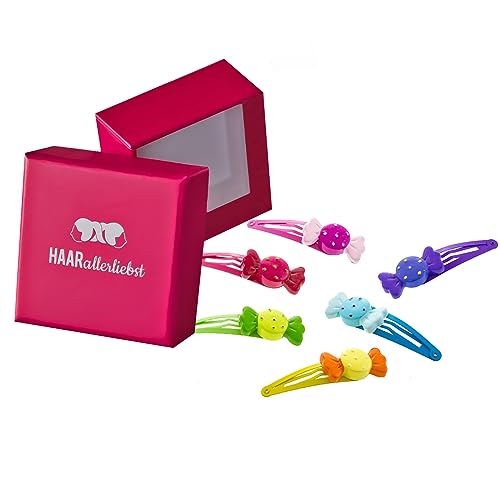 HAARallerliebst Haarspangen Set (6 teilig | handbemalte Bonbons | bunt) für Mädchen inkl. Schachtel zur Aufbewahrung (Schachtelfarbe: pink) von HAARallerliebst