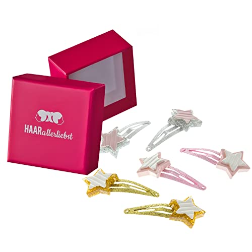 HAARallerliebst Haarschmuck Set Mädchen (6 heilig | Glitzernde Sterne | rosa Silber Gold) für Mädchen inkl. Schachtel zur Aufbewahrung (Schachtelfarbe: pink) von HAARallerliebst
