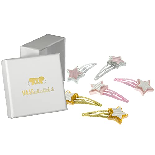 HAARallerliebst Haarschmuck Set Mädchen (6 heilig | Glitzernde Sterne | rosa Silber Gold) für Mädchen inkl. Schachtel zur Aufbewahrung (Schachtelfarbe: Weiss) von HAARallerliebst