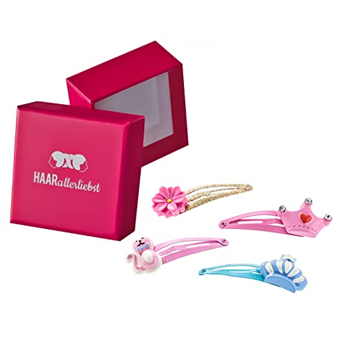 HAARallerliebst Haarspangen Set (4 teilig | Kronen, Stern und Blume | bunt mit Glitzer) für Mädchen inkl. Schachtel zur Aufbewahrung (Schachtelfarbe: pink) von HAARallerliebst