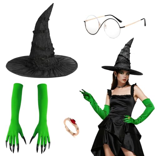 4-teiliges Hexenkostüm mit schwarzem Hexenhut, Brille mit Handschuhen für Halloween, Film, Cosplay, Party 4-teiliges Hexenkostüm mit schwarzem Hexenhut, Brille mit Handschuhen für Halloween, Film, Cosplay, Party von HAASIKI
