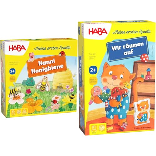 HABA 301838 - Meine ersten Spiele Hanni Honigbiene, kooperatives Farbwürfelspiel für 1-4 Spieler ab 2 Jahren, zum Farbenlernen & 303469 Meine ersten Spiele – Wir räumen auf! von HABA