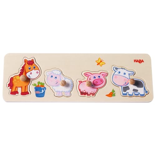 HABA 301939 - Greifpuzzle Bauernhof-Tierkinder, 4-teiliges Holzpuzzle mit Tiermotiven und großen Holzknöpfen zum Greifen, Holzspielzeug ab 12 Monaten von HABA