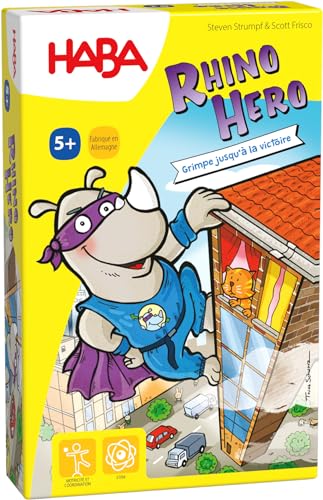 HABA 302203 - Rhino Hero, 3D-Stapelspiel für 2 bis 5 Superhelden ab 5 Jahren und mit einfachen Regeln für schnellen Spaß, Aktionsspiel für die ganze Familie von HABA